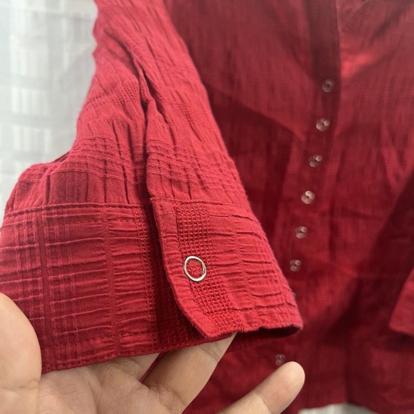CJ Banks Womens Red Blouse Size X Snap Button Collared 3/4 Sleeve - Picture 11 of 16